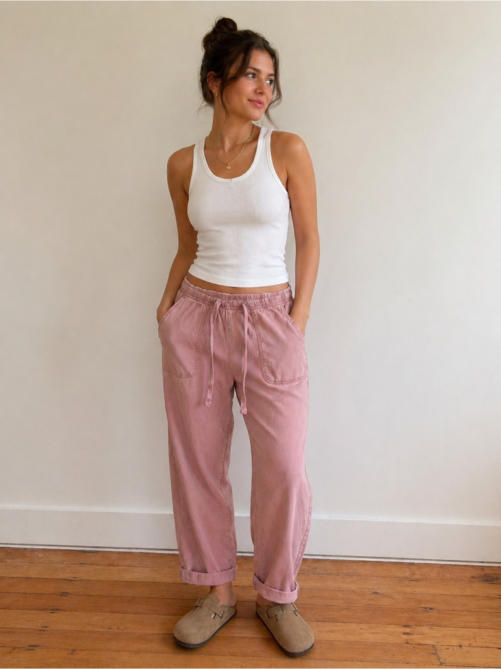 Nicole Miller Size Large Women's Relaxed Drawstring Pants in Dusty Pink